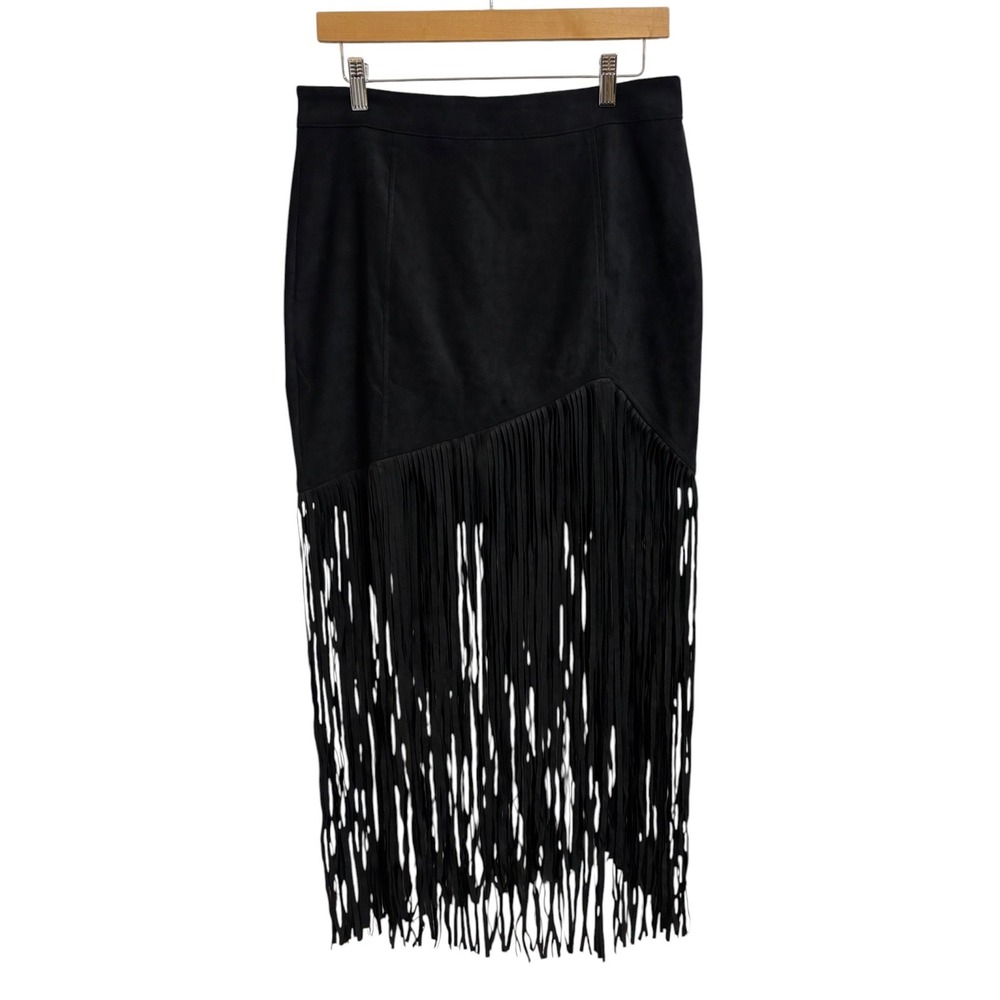 Rockin G Black Faux Suede Long Fringe Western Boho Festival Midi Skirt Large - Picture 2 of 11